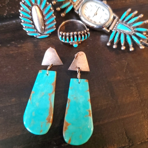 Native American Jewelry - Vintage Navajo Turquoise Sterling Slab Earrings